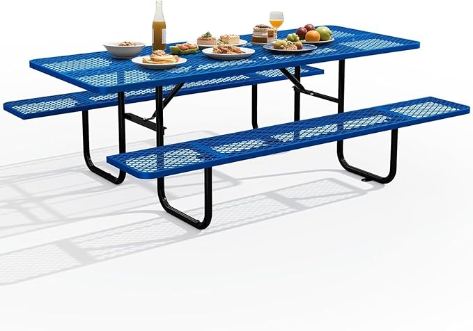 KUFUH 72" Coated Round Metal Picnic Table for 4-6 Person, Durable Heavy Duty Commercial Picnic Table with Umbrella Hole for Outdoor Coffee Shop, School, Easy to Install, Blue