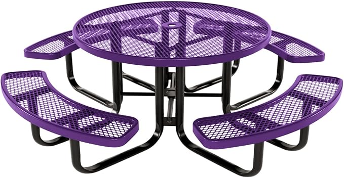 COATEDOUTDOORFURNITURE Heavy-Duty Portable Outdoor Kids Table with Umbrella Hole, Expanded Metal Kids Picnic Table, Commercial-Grade, Made in America (46 in, Round, Childrens, Textured Purple)