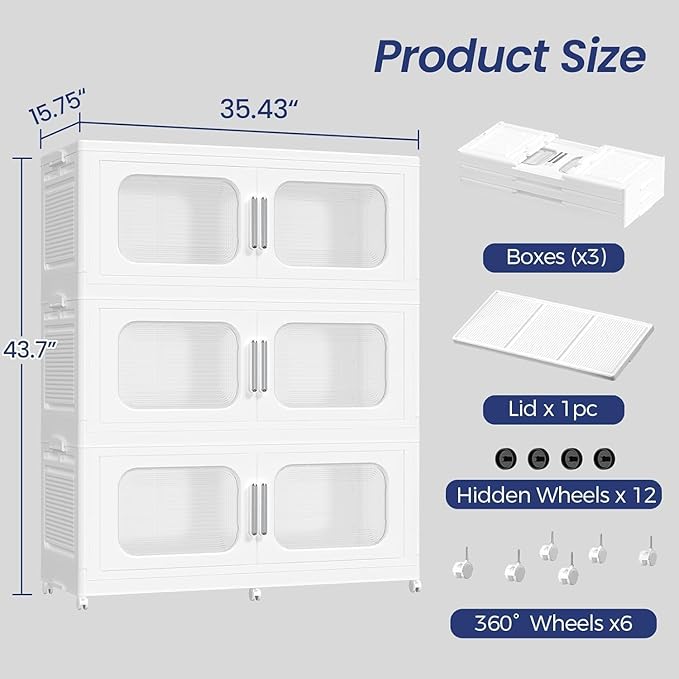 150Gal Exra Large Stackable Storage Bins with Lid, 600QT Collapsible Storage Box with 6x Wheels, Folding Plastic Cabinet Container with Door Drawer for Home Kitchen Office Dorm, 3Pack White