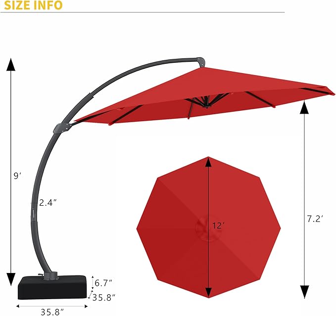 Kingdura 12ft Cantilever Patio Umbrella with Base Included, Large Round Offset Outdoor Pool Umbrella, 360° Rotation & Infinite Tilt, Heavy Duty Aluminum Frame for Deck Backyard, Red