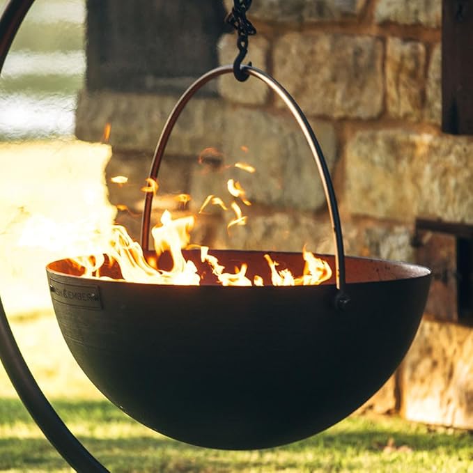 Ash & Ember 42" Cast Iron Cauldron Fire Pit Bowl with Double Hinged Grill Grate-Easy-Lift Handles & Handing Chain, Round Wood Burning Patio Fire Bowl for Backyard Patios