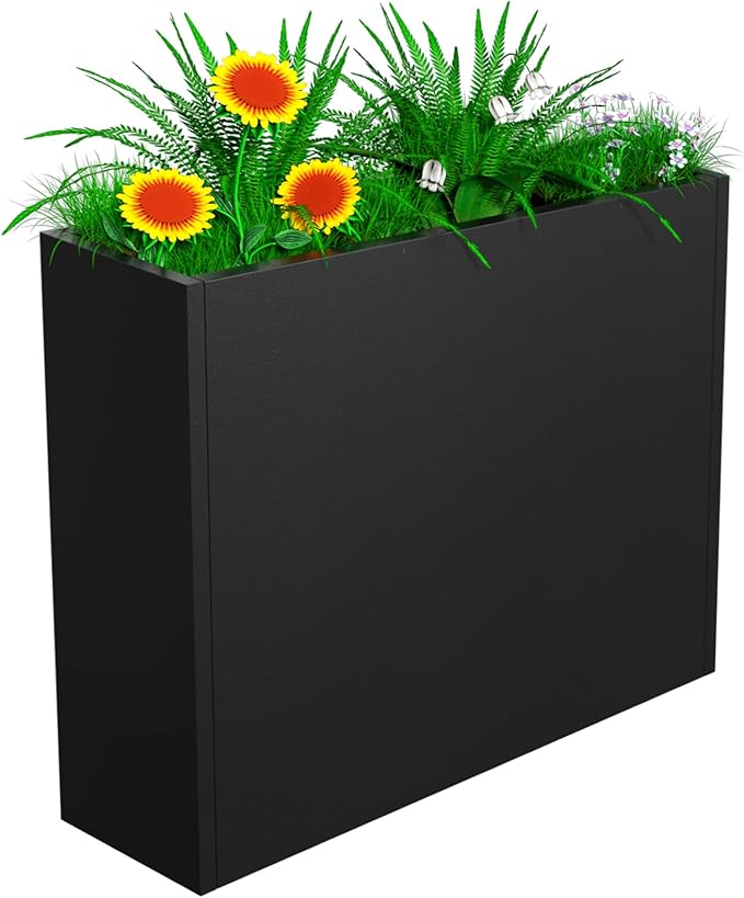 Metal Planter, 36L x 12W x 26H, Heavy Duty Tall Planters for Outdoor Plants, Black Planters with Removable Insert Shelf, Large Planters with Drainage Holes for Porch, Patio and Yard, Black