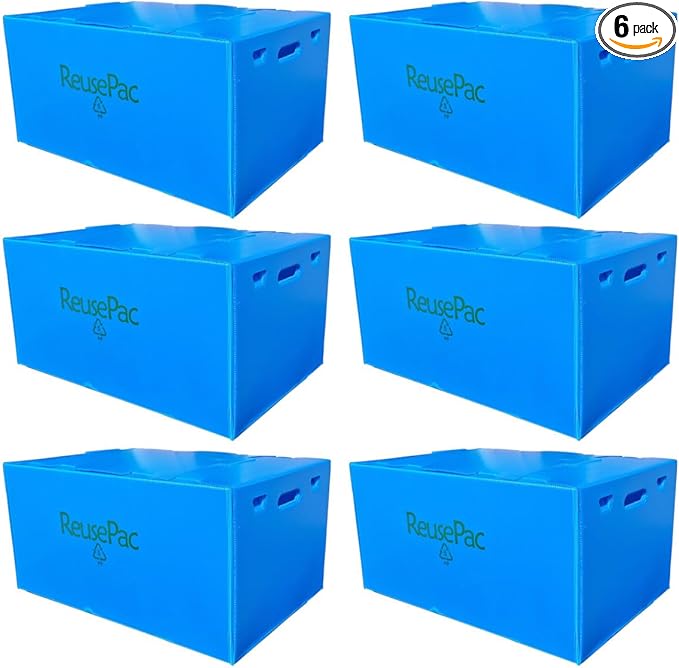 Reusable Foldable Box Corrugated PP Lightweight, Storage Moving Mailing, Heavy Duty Stackable, Tape Free Self-Locking Lid, Handles for Business Home X-Large (6 Pack Sky Blue 24x16x12 in)