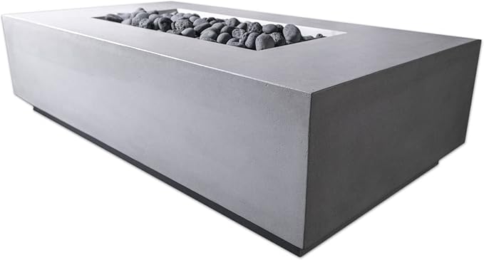 Vivid Heat - 60" Premium “Mesa 2" Concrete Fire Bowl - Heavy Cement Rectangle Natural Gas Fire Pit - Square Outdoor Fire Table with Key Valve GFRC (48” L x 32” W x 16” H) (Ivory White)
