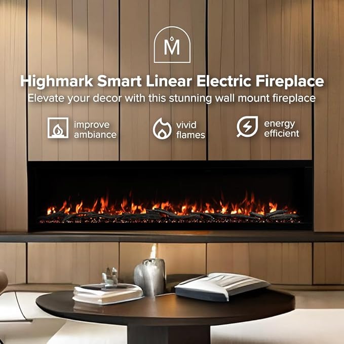 Modern Ember Highmark 84 Inch Smart Linear Electric Fireplace - Premium Flame with 10 Colors, Sleek Hidden Vent Design, Install Recessed in-Wall or Wall-Mount, WiFi Enabled.
