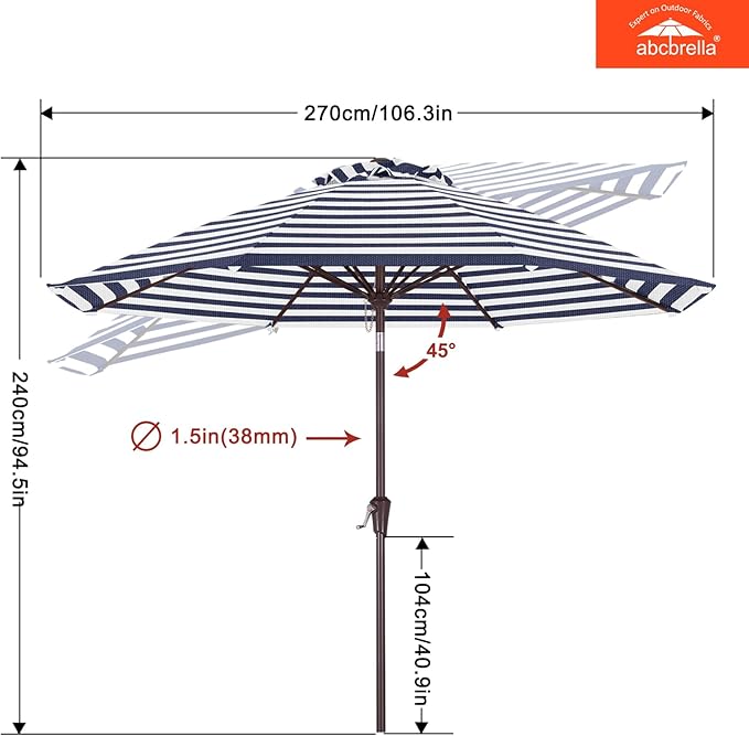 ABCCANOPY OLEFIN® 5-Year No Fading 9FT Patio Umbrella, Outdoor Table Umbrella with 8 Sturdy Ribs for Deck, Backyard, Yard (Navy Stripe)