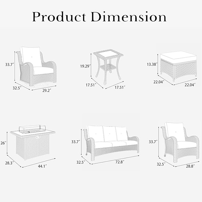 LayinSun 10 Pieces Outdoor Patio Furniture Set with Fire Pit Table, Rattan Wicker Sectional Swivel Rocker Chairs Sets with Ottomans, Swivel Glider Chair, Single Chairs and Coffee Table