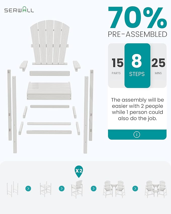 SERWALL Tall Adirondack Chairs Set of 4 with Double Layer Connecting Tray, HDPE Bar Height Outdoor Chairs, Wood-Like Adirondack Bar Stools for Patio, Balcony, Porch, White