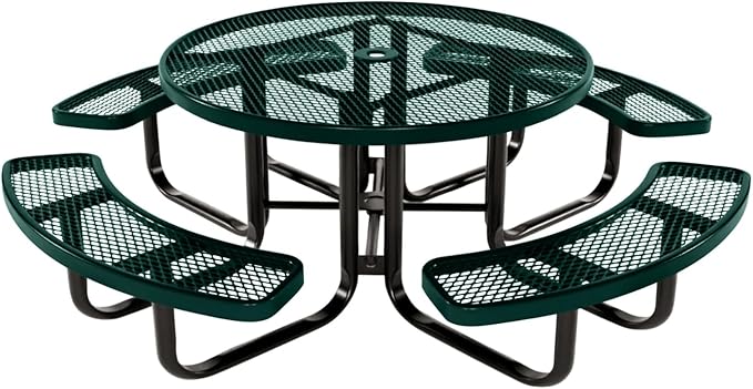 COATEDOUTDOORFURNITURE Heavy-Duty Portable Outdoor Kids Table with Umbrella Hole, Expanded Metal Kids Picnic Table, Commercial-Grade, Made in America (46 in, Round, Childrens, Textured Dark Green)