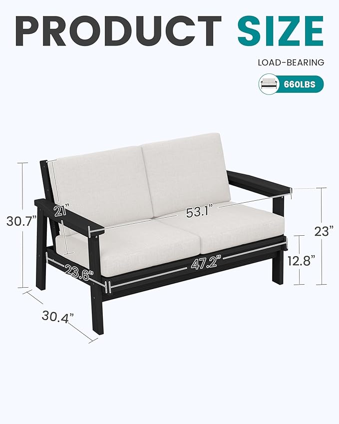 SERWALL Patio Furniture Set with 33” Fire Pit Table, HDPE Outdoor Sectional Sofa Set with Thickened Cushions, Black Frame with Khaki Cushions