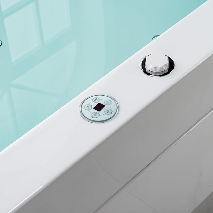 WOODBRIDGE 70-7/8"L x 47-1/4"W 2 Person Freestanding Hydrotherapy Whirlpool and Air Bath Heated Soaking Combination Massage Tub with Adjustable Speed Air Blower and Display Control Panel, B0091