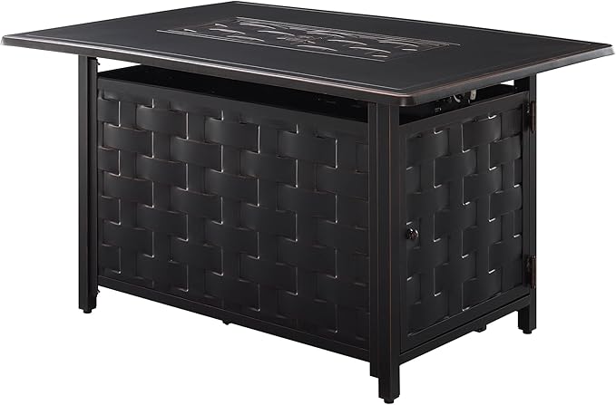 Fire Sense 63700 Preston Basketweave Aluminum Convertible Gas Fire Pit Table 45,000 BTU Multifunctional Outdoor Firepit with Fire Bowl Lid Nylon Cover Clear Fire Glass Bronze Finish - Rectangular 44"