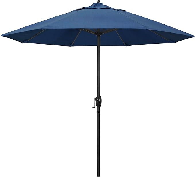 California Umbrella 9' Rd Aluminum Patio Umbrella, Crank Lift, Auto Tilt, Black Finish, Sunbrella Regatta