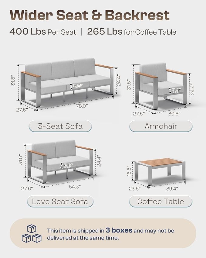 Outdoor Patio Furniture Set, 4 Piece Aluminum Patio Furniture Set with Wide Seat and Thick Cushions, Modern Outdoor Patio Conversation Sets for Deck, Porch (Teak-Gray)