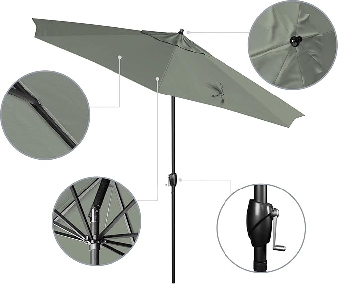 California Umbrella 9' Rd Aluminum Patio Umbrella, Crank Lift, Auto Tilt, Black Finish, Sunbrella Spa