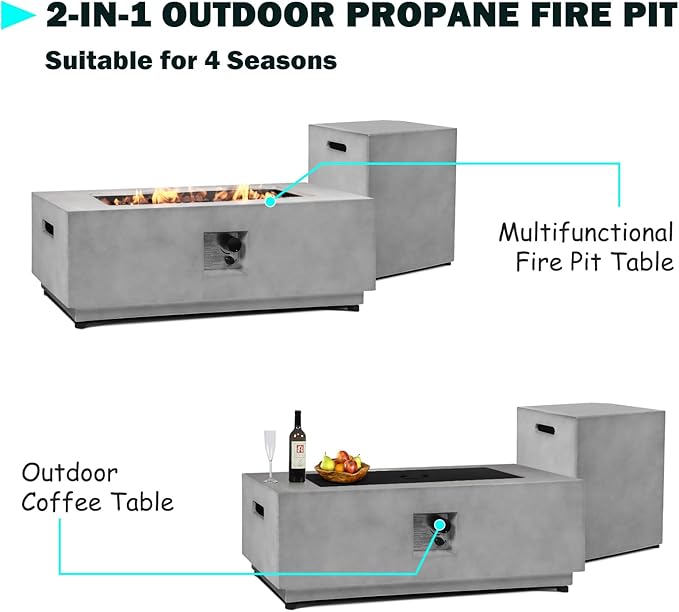 42" Rectangular Propane Fire Pit – 50,000 BTU Concrete Fire Pit with Glass Wind Guard – Outdoor Firepits – Gas Fireplace for Deck or Patio