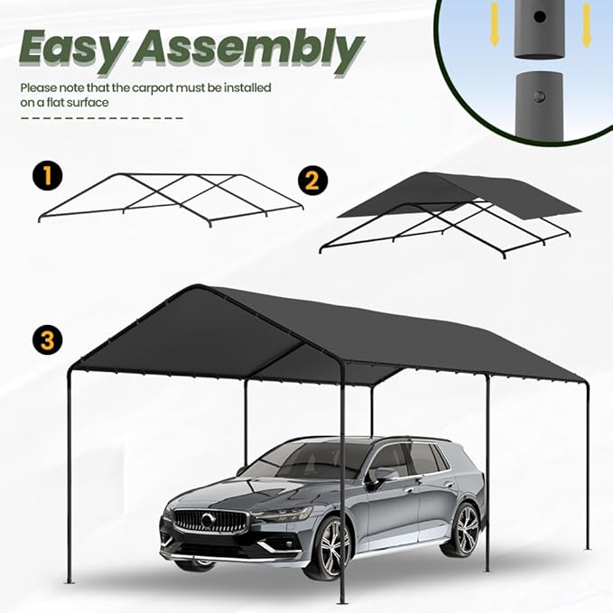 Carport, 10‘ x 20’ Heavy Duty Portable Garage All-Season Car Canopy, Outdoor Garage Boat Shelter Carport Canopy Party Tent w/Water-Resistant Tarp for Backyard (Black, 10' x 20' /no Side)