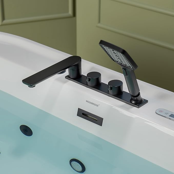 WOODBRIDGE 72" x 35-3/8" Whirlpool and Air Bath Heated Soaking Combination Tub with Adjustable Speed Air Blower, Tub Filler, and LED control panel, Matte Black Finish Trim and Drain Kit, BM500+F0051MB