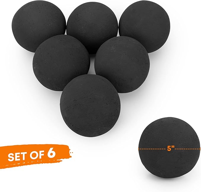 Stanbroil Ceramic Balls - 5” Round Fire Stones for Fire Pit Fire Bowl and Fireplace - Set of 6, Black