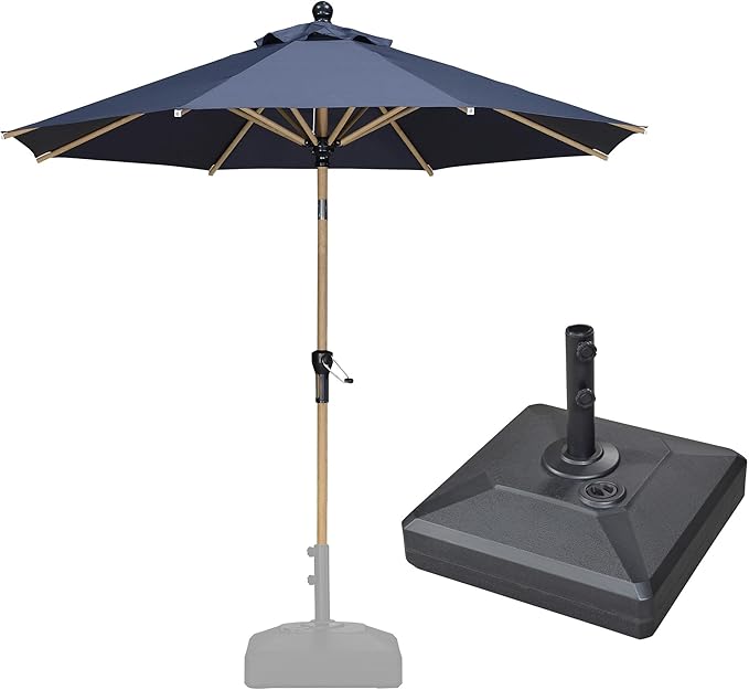 PURPLE LEAF 9 Feet Patio Umbrella with Base Market Umbrella Round Outdoor Umbrella with Push Button Tilt & Crank and 8 Ribs Aluminum Outdoor Table Umbrella for Garden Deck Balcony, Navy Blue