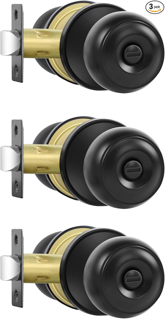 RAZCC Privacy Door Knobs, 3 Pack Matte Black Door Knobs with Lock, Bed and Bath Door Knob Interior Keyless Locksets, Round Door Handles Reversible for Left Right Handed Doors