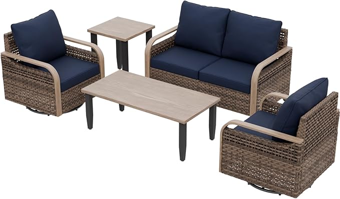 EAGLE PEAK Modern Wicker Outdoor Patio Furniture Set, Patio Conversation Set, 2 Swivel Rocking Chairs, 2-Seat Loveseat, Coffee Table and Side Table, 5 Pieces, Brown/Blue