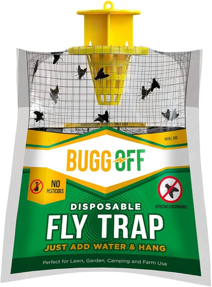 BUGGOFF - 12 Pack Outdoor Disposabe Hanging Fly Traps with Natural Pre-Bait, Catches Flyes Everywhere Anywhere, Stables, Ranches, Cottages and More. Cut, Fill and Hang.