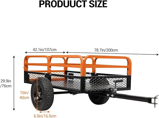 Heavy Duty ATV Trailer Steel Dump Cart, 1600 Lbs 15 Cubic Feet Garden Trailer Pull Behind with Removable Sides & All Terrain Tires for Lawn Mower, ATV & Yard Work