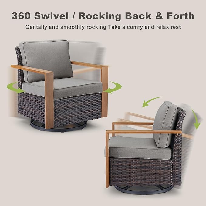 Rilyson Outdoor Wicker Patio Furniture Set - 7 Piece Patio Conversation Set with 4 Wicker Swivel Rocker Chairs,2 Rattan Ottoman and 1 Couch,Thick Cushions,Deep Seating,Wide Armrest(Brown/Grey)