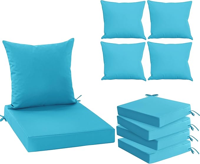 Outdoor Backrest and Deep Seat Cushion Set, Waterproof Fade Resistant Patio Chair Furniture Cushion with Removable Cover, 22 x 22 Inch, Teal, Set of 4