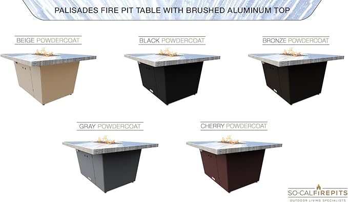 COOKE Palisades Rectangular Fire Pit Table - 44x36 - Chat Height - Propane - Brushed Aluminum Top with 3cm Edge - Grey Texture Powdercoat Base
