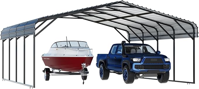 EBE 20' x 20' Metal Carport, Outdoor Heavy Duty Carports with Updated Galvanized Roof and Enhanced Base, Canopy Carport Garage Shade for Car, Truck, Boat