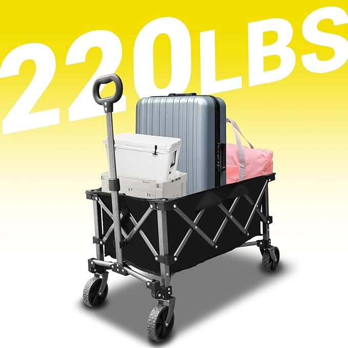 Collapsible Foldable Extended Wagon, Weight Capacity 220 LBS, Heavy Duty Large Wheeled Utility Cart, Folding Grocery Shopping Cart for Camping, Grocery, Garden - Capacity Portable Outdoor Cart