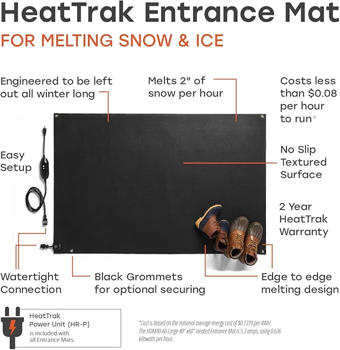 HeatTrak Heated Snow Melting Mats for Entrances - Heated Outdoor Mats - Snow Melting Mats for Winter Snow Removal - Trusted Snow and Ice Melt Products - No-Slip Heating Entrance Mats (24” x 36")