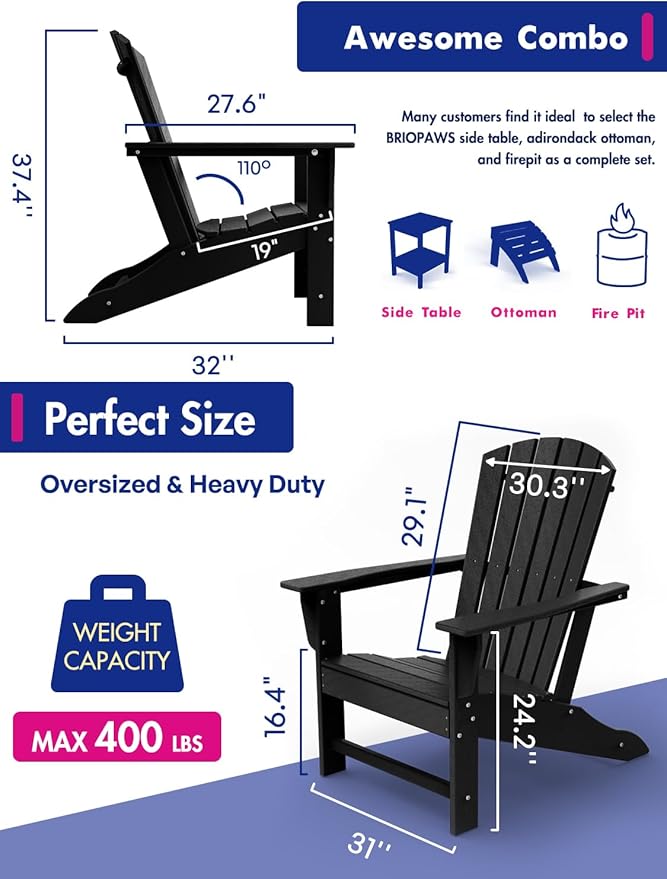 BRIOPAWS Adirondack-Chairs-Set of 6 | Fire Pit Chair | Oversized | HDPE Plastic | Weather Resistant | for Deck Outdoor Poolside Campfire | Black