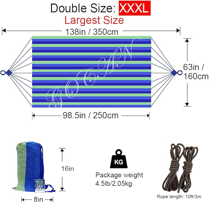 GOCAN Brazilian Double Hammock 2 Person Extra Large Canvas 250x160cm Total Length 350cm Load 500lb Cotton Hammock for Garden Outdoor and Indoor Blue/Green(98 * 65'')