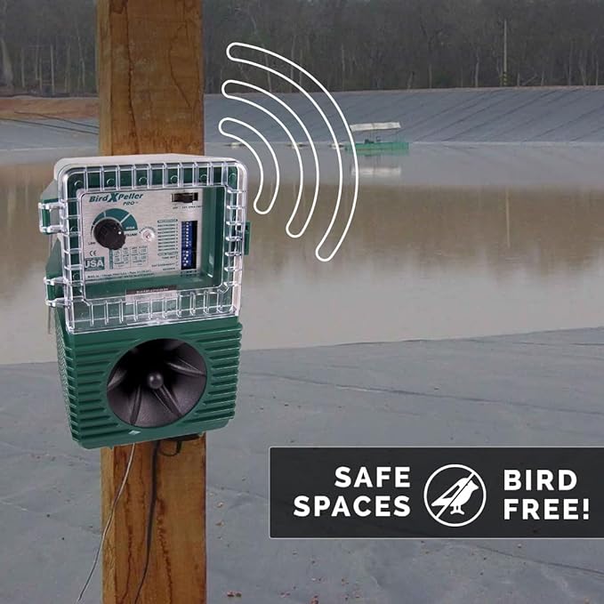 Bird-X BirdXPeller Pro Electronic Bird Preventer Version 2, Sonic Decoy Device, Perfect for Crows, Blackbirds, Grackles, Cormorants, and Ravens, Covers up to 1 Acre, 3-5 kHz Frequency