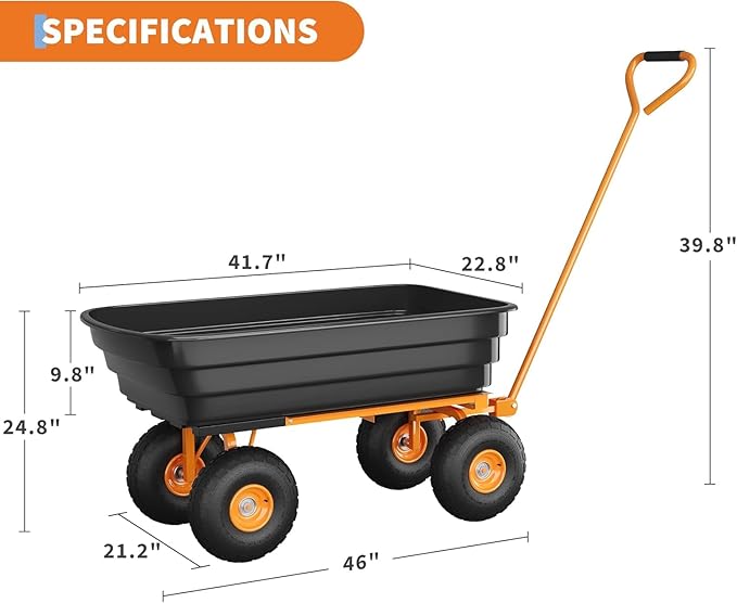Heavy Duty Garden Dump Cart, 1200LB Yard Utility Cart with All-Terrain Wheels & Quick-Release, Gardening Cart