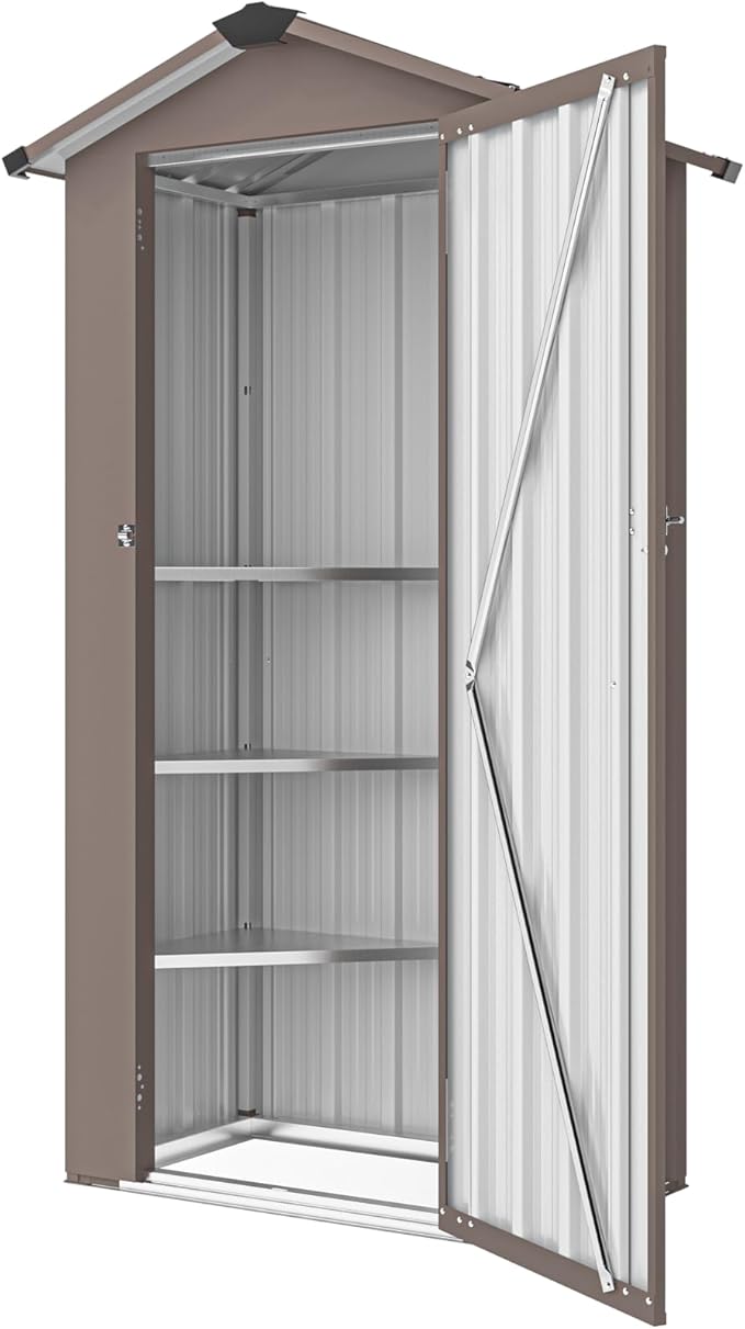 2.5x1.4 FT Outdoor Storage Shed, Tool Shed with Waterproof Roof and Lockable Door,Metal Shed with Adjustable Open Shelves for Backyard Garden Patio Lawn,Brown