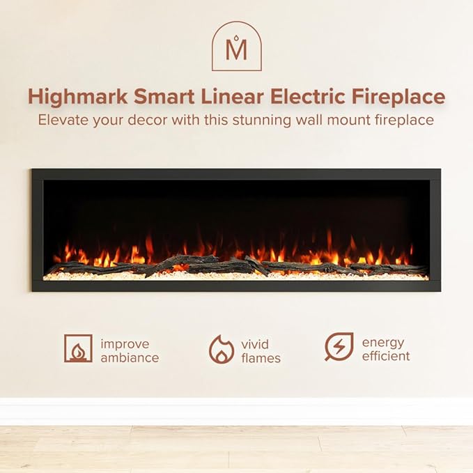 Modern Ember Highmark 60 Inch Smart Linear Electric Fireplace - Premium Flame with 10 Colors, Sleek Hidden Vent Design, Install Recessed in-Wall or Wall-Mount, WiFi Enabled.