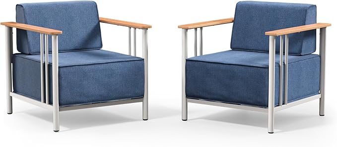 Luxury Patio Chairs Set of 2 with 10" Extra Thick Cushions, Outdoor Furniture with Rustproof Metal Frame and Olefin Fabric, Outdoor Patio Chairs for Porch, Balcony, Deck, Yard, White/Blue