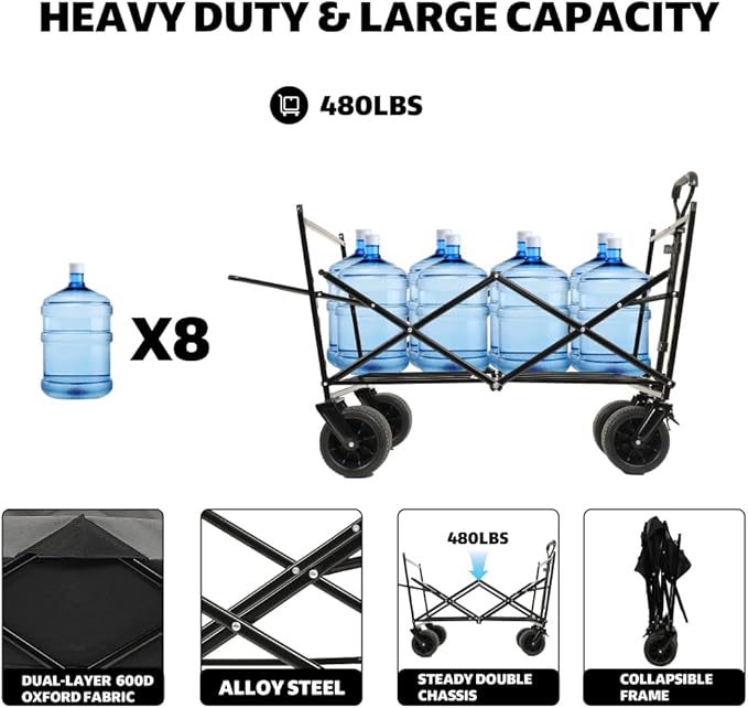 480Lbs Collapsible Kids Wagon with Canopy, Lightweight Foldable Hand Cart, Large Capacity for Camping, Shopping, Sports, and Garden Use
