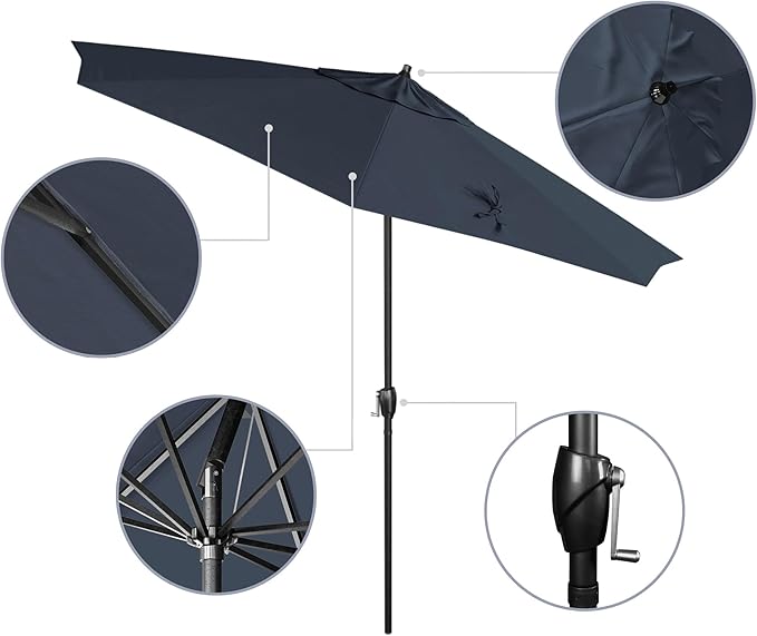 California Umbrella 9' Rd Aluminum Patio Umbrella, Crank Lift, Auto Tilt, Black Finish, Sunbrella Regatta