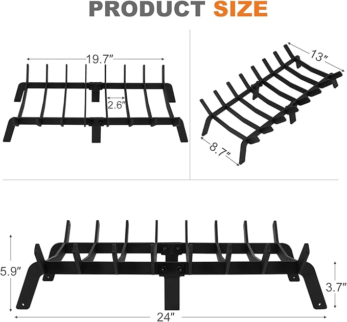 Fireplace Grates 24 Inch - Heavy Duty Steel Fireplace Rack | Fireplace Log Holder for Indoor & Outdoor | Fire Place Grate| Fireplace Racks for Inside Fireplace| Large Firewood Grate| Easy Assembly