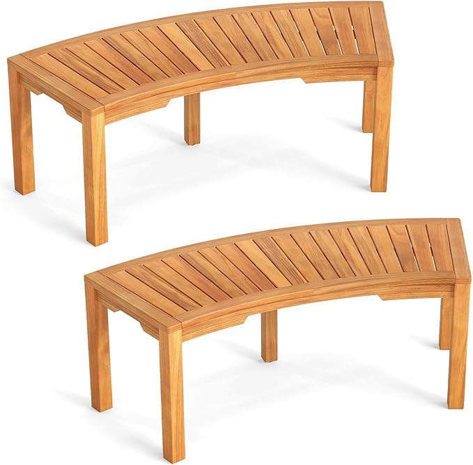 RELAX4LIFE Wooden Outdoor Curved Bench - Acacia Wood Garden Bench w/Slatted Seat, 2-Person Outside Backless Seating for Porch Backyard Deck Park, 800 LBS Load Capacity, Patio Fire Pit Bench (2, 45'')