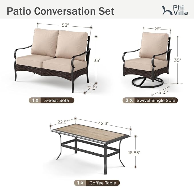 PHI VILLA Outdoor Porch Furniture Set, Upgraded Wicker&Metal Deep Seating Patio Furniture Conversation Set with Waterproof Thick Cushions for Balcony, Deck, and Yard (4 Pieces,Beige)