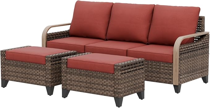 EAGLE PEAK Modern Wicker Outdoor Patio Furniture Set, Patio Conversation Set, a 3-Seat Loveseat and 2 Ottomans, 3 Pieces, Brown/Red