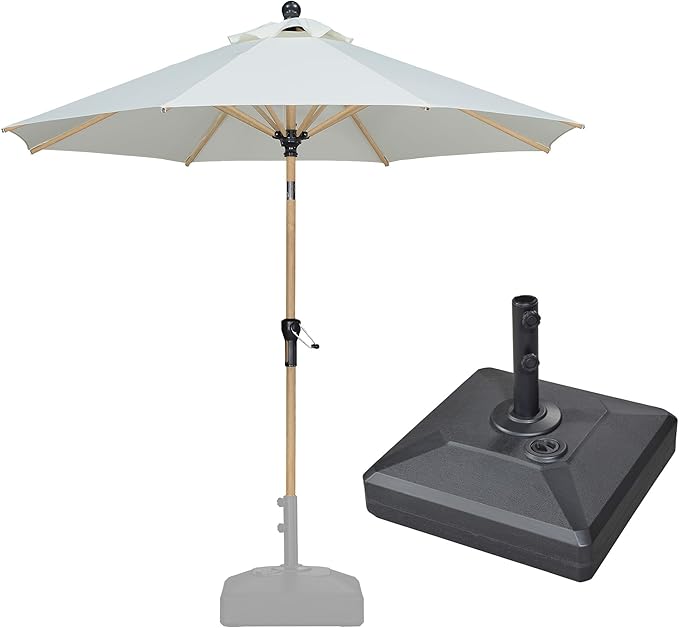 PURPLE LEAF 9 Feet Patio Umbrella with Base Market Umbrella Round Outdoor Umbrella with Push Button Tilt & Crank and 8 Ribs Aluminum Outdoor Table Umbrella for Garden Deck Balcony, Cream