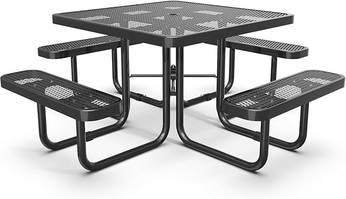 dafrigic 46" Square All Weather Resistant Commercial Picnic Table for Outdoors, Heavy Duty Picnic Table up to 4600 lbs with Umbrella Hole for School, Warehouse, Coffee Shop, Black