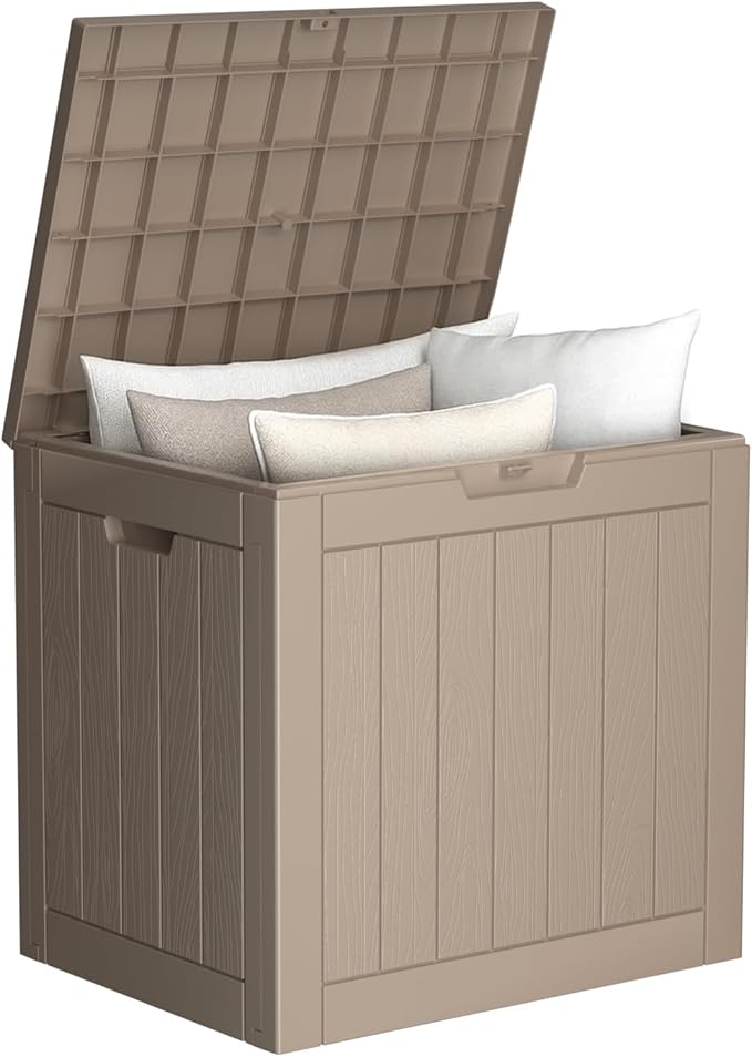 Vixzen 30 Gallon Resin Deck Box, Lockable Outdoor Storage Box for Patio Cushions Storage Furniture,Garden Tools, Pool Supplies, Weatherproof and UV Resistant- Grey